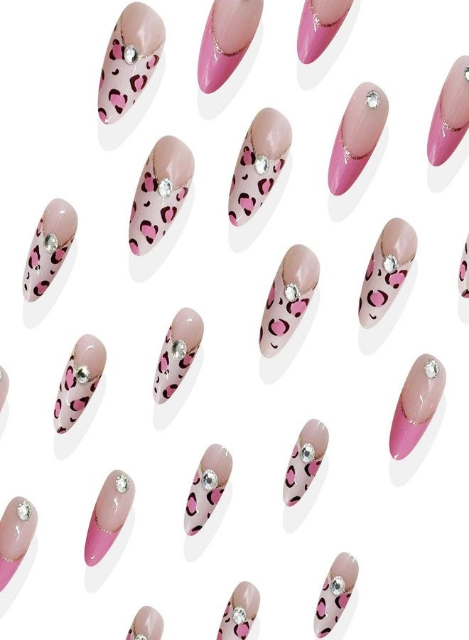 GRITOSE Pink Press on Nails Almond Fake Nails Leopard Print French Tip Press ones with designs Rhinestones Acrylic Nails Gold Glitter Artificial Nails Full Cover Glue on Nails for Women Manicure24pcs - Image 5